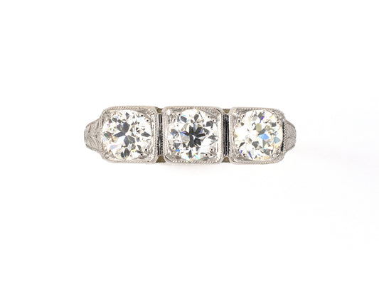 902045 - SOLD - Edwardian Platinum Gold Diamond Chased 3-Stone Ring