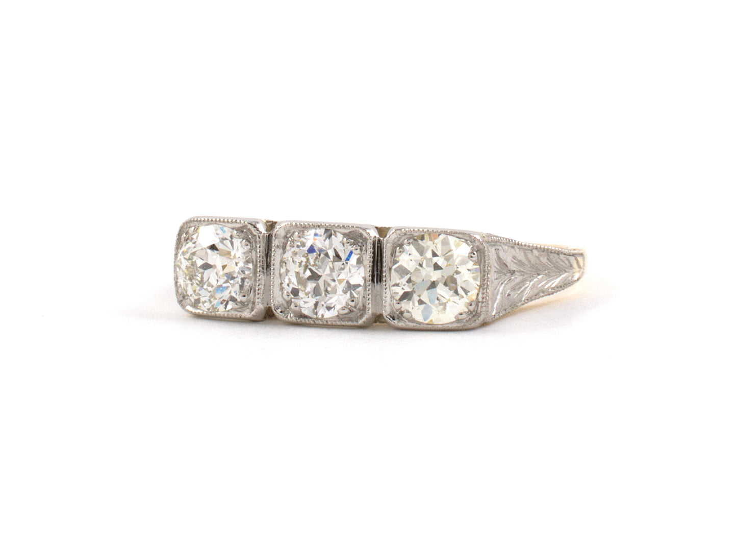 902045 - SOLD - Edwardian Platinum Gold Diamond Chased 3-Stone Ring