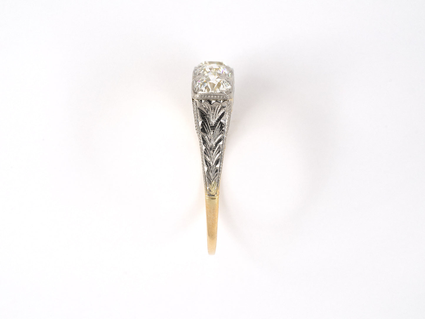 902045 - SOLD - Edwardian Platinum Gold Diamond Chased 3-Stone Ring