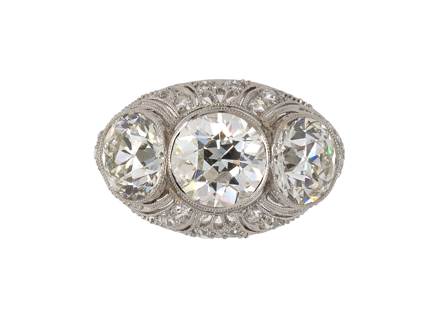 902047 - Edwardian Belle Epoque Platinum GIA Diamond 3-Stone Chased Filigree Ring