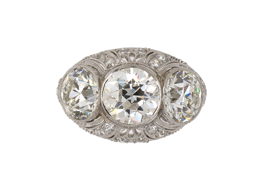 902047 - Edwardian Belle Epoque Platinum GIA Diamond 3-Stone Chased Filigree Ring
