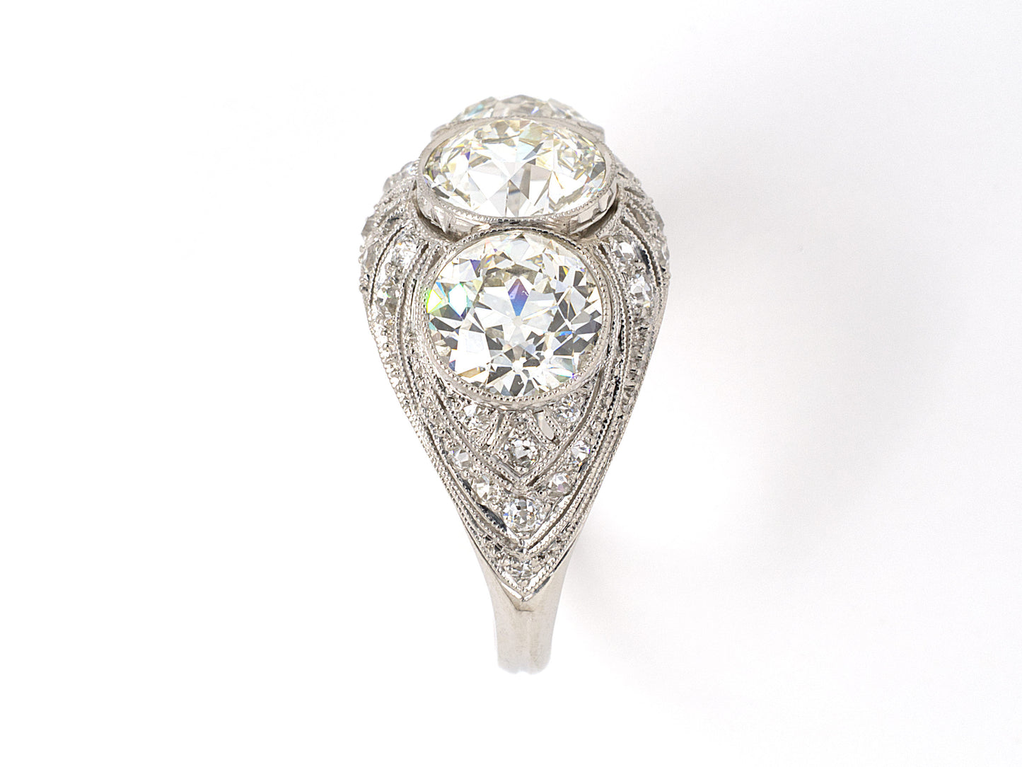 902047 - Edwardian Belle Epoque Platinum GIA Diamond 3-Stone Chased Filigree Ring