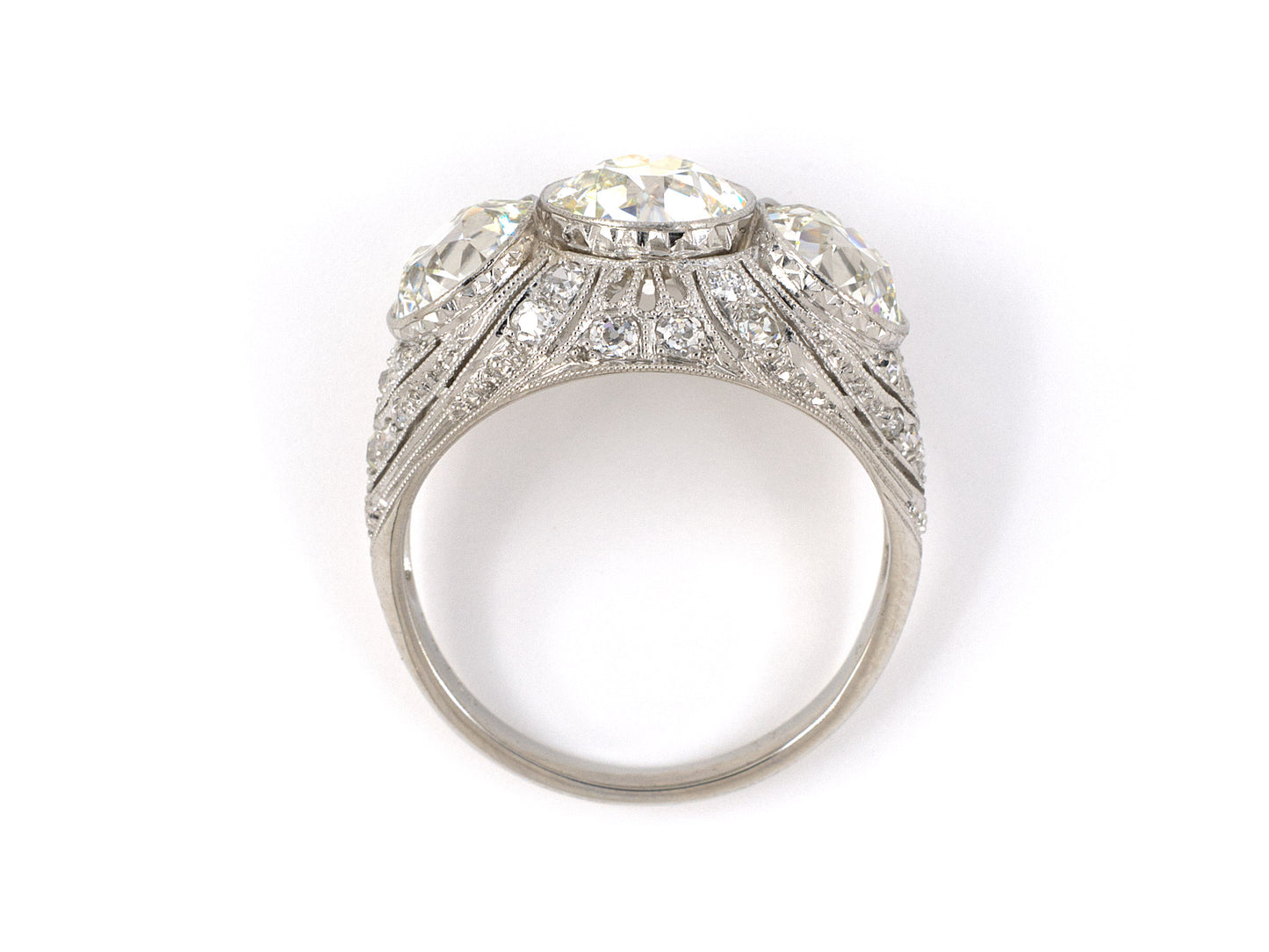 902047 - Edwardian Belle Epoque Platinum GIA Diamond 3-Stone Chased Filigree Ring