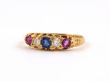 902062 - SOLD - Victorian Gold Diamond Sapphire Burma Ruby 3-Stone Ring
