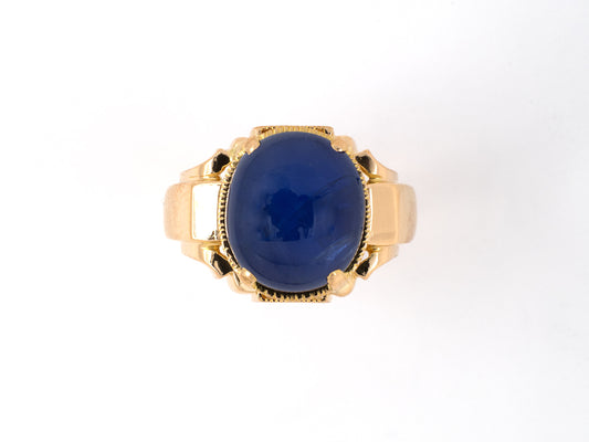 902068 - SOLD - Gold Cabochon Star Sapphire Carved Bezel Ring