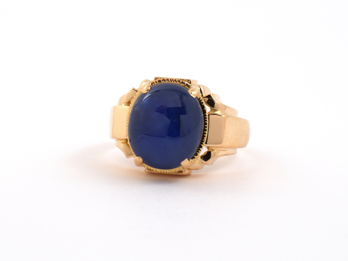 902068 - SOLD - Gold Cabochon Star Sapphire Carved Bezel Ring