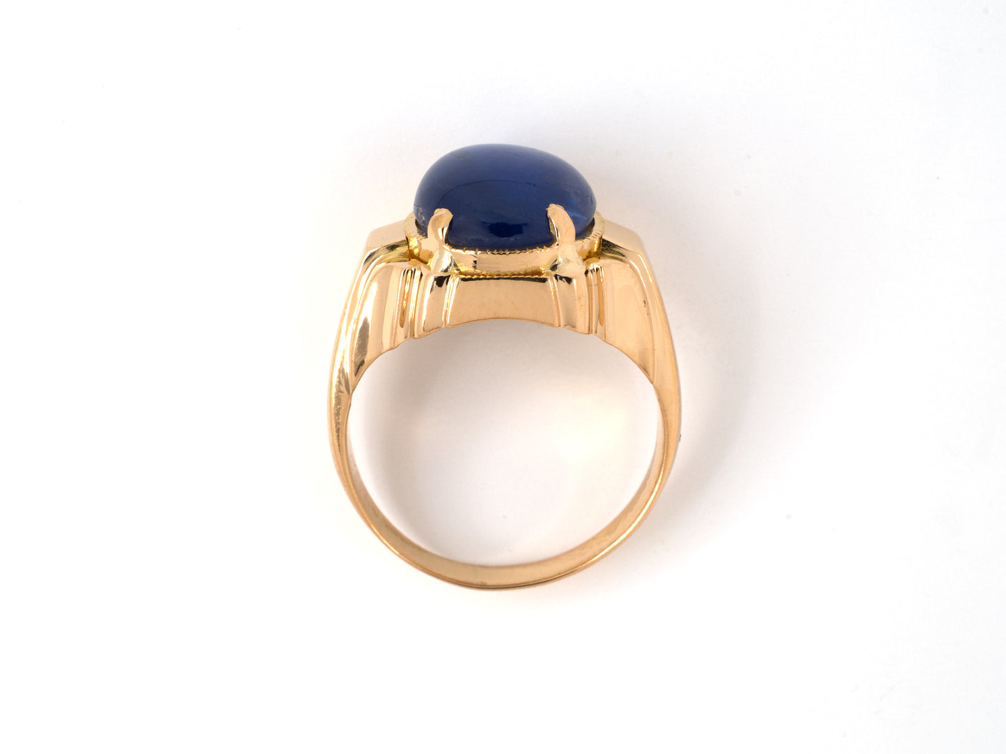 902068 - SOLD - Gold Cabochon Star Sapphire Carved Bezel Ring