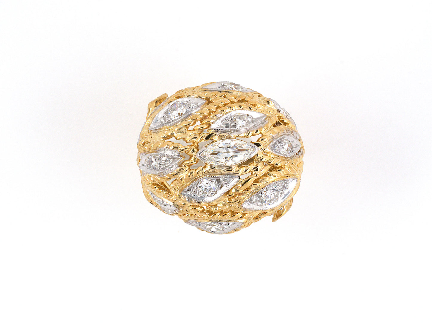 902076 - SOLD - Gold Diamond Floral Leaf Design Domed Ring