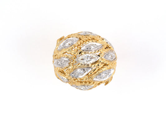 902076 - SOLD - Gold Diamond Floral Leaf Design Domed Ring