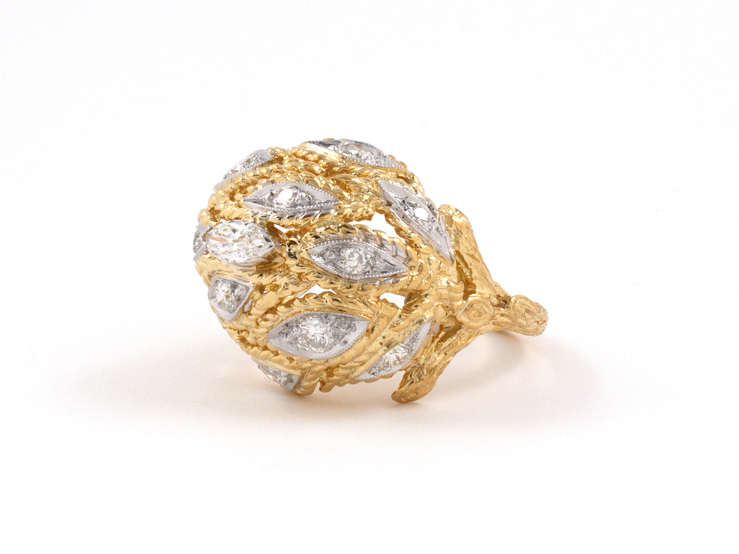 902076 - SOLD - Gold Diamond Floral Leaf Design Domed Ring