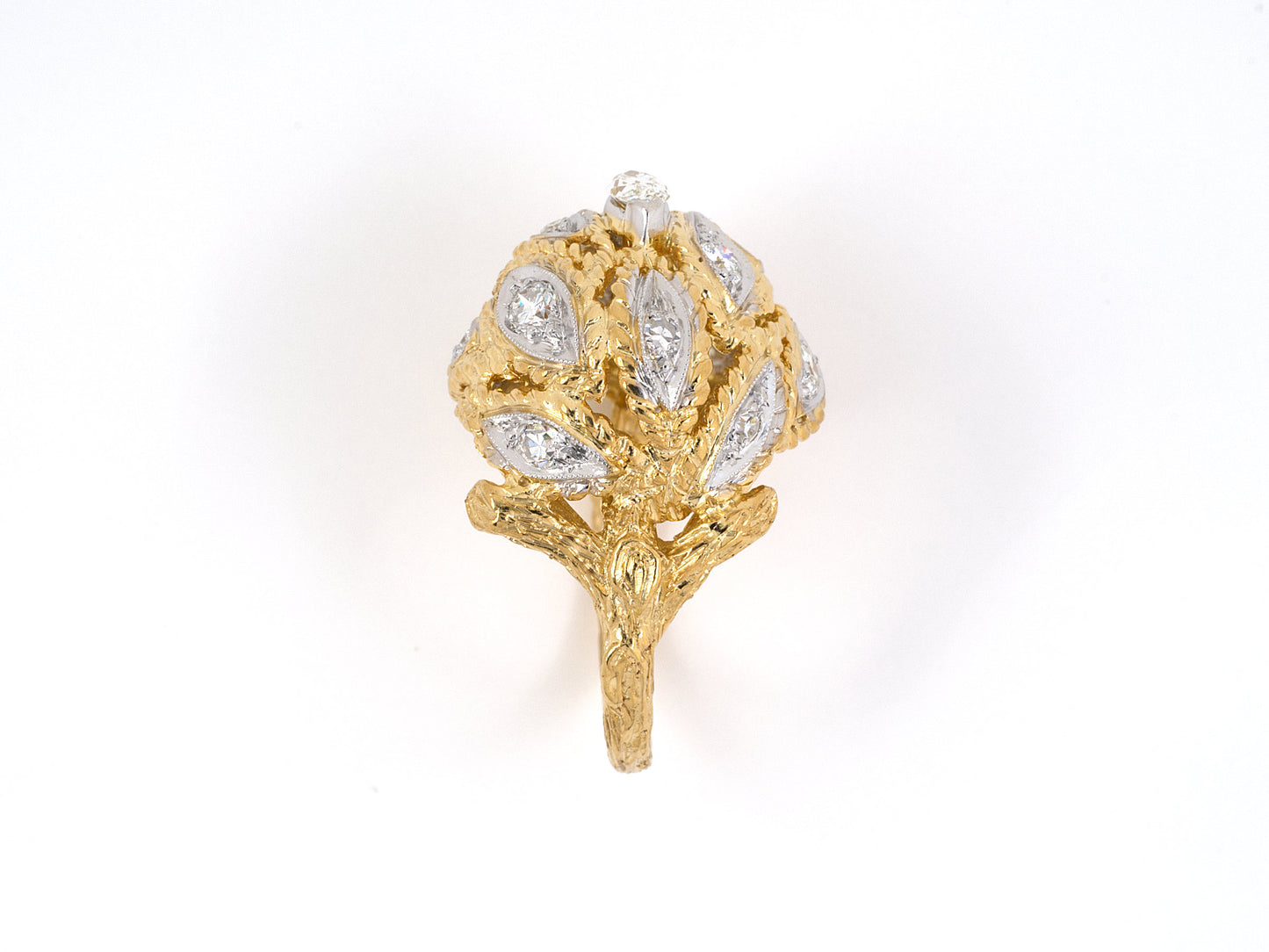 902076 - SOLD - Gold Diamond Floral Leaf Design Domed Ring