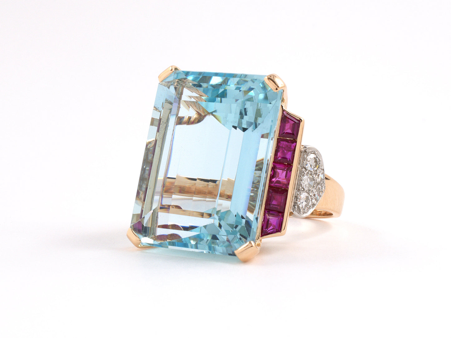902084 - Retro Platinum Gold Emerald Cut Aqua Ruby Diamond Cocktail Ring