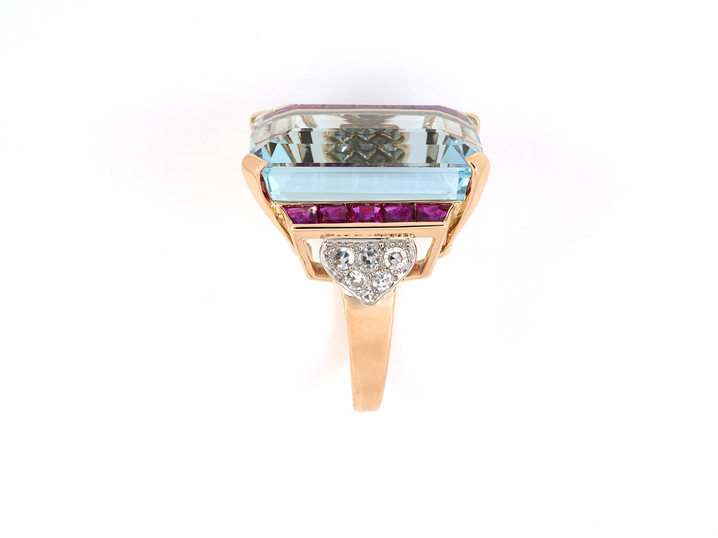 902084 - Retro Platinum Gold Emerald Cut Aqua Ruby Diamond Cocktail Ring