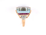 902084 - Retro Platinum Gold Emerald Cut Aqua Ruby Diamond Cocktail Ring