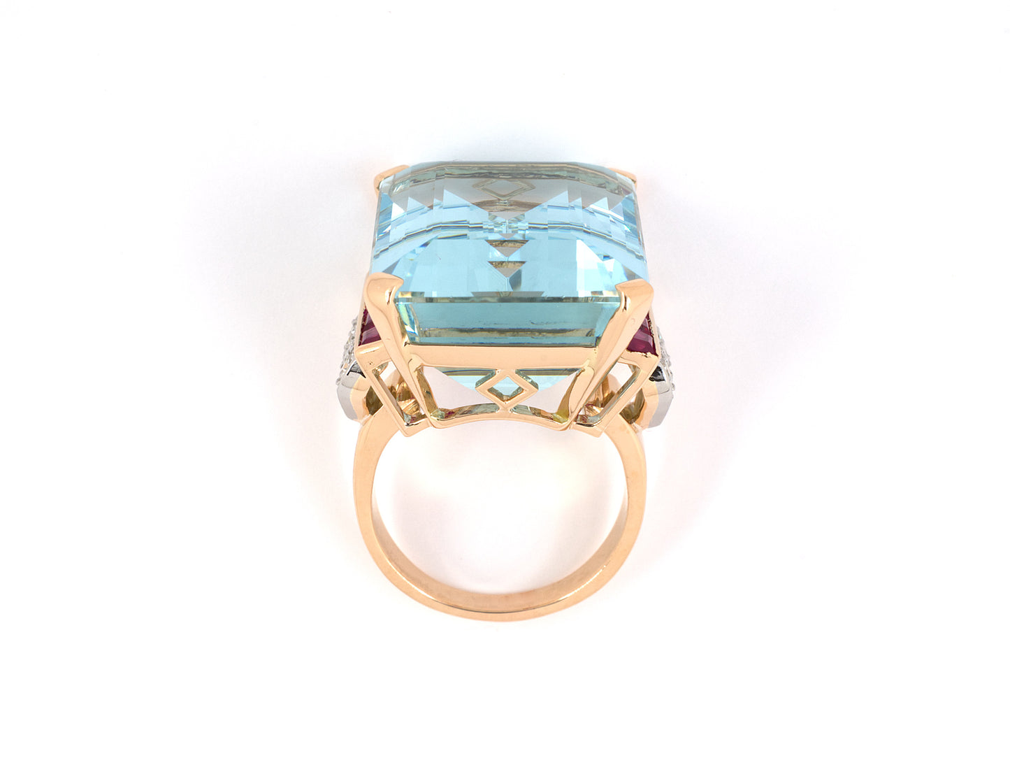 902084 - Retro Platinum Gold Emerald Cut Aqua Ruby Diamond Cocktail Ring