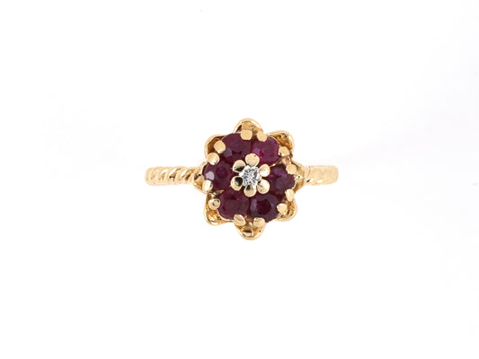 902088 - SOLD - Gold Diamond Ruby Cluster Flower Twisted Wire Shank Ring
