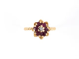 902088 - Gold Diamond Ruby Cluster Flower Twisted Wire Shank Ring