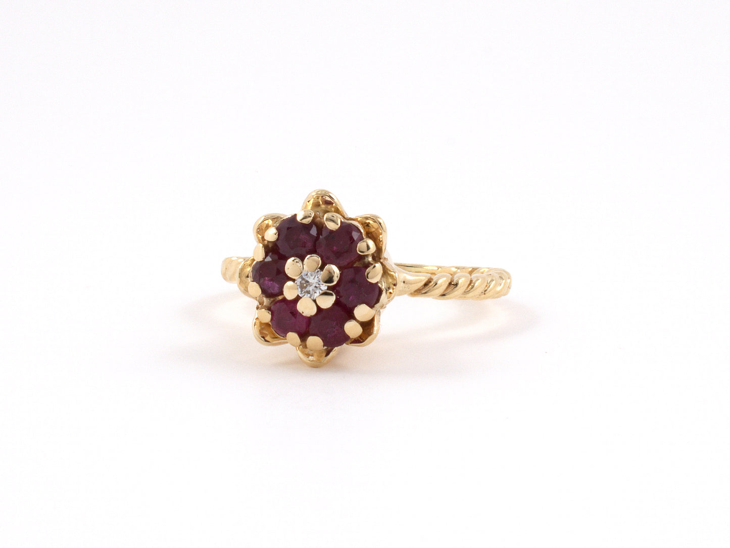 902088 - SOLD - Gold Diamond Ruby Cluster Flower Twisted Wire Shank Ring