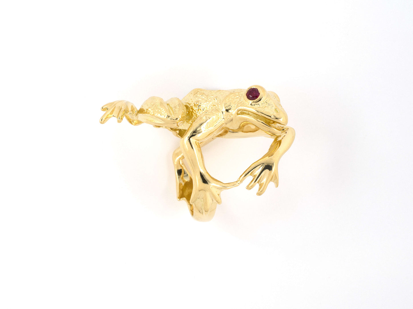 902090 - SOLD - Circa 1969 Kurt Wayne Gold Ruby Carved Frog Ring