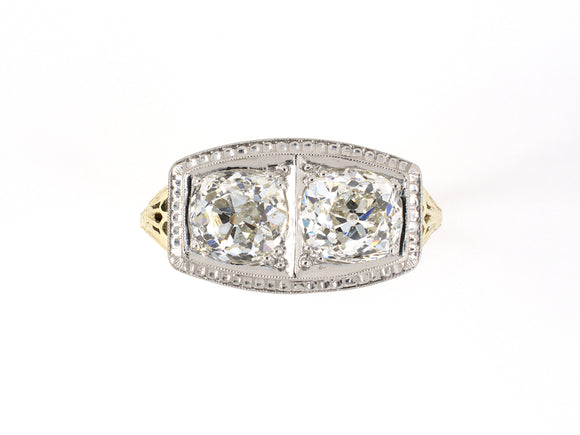 902091 - Edwardian Platinum Gold Diamond Carved Bezel 2-Stone Ring