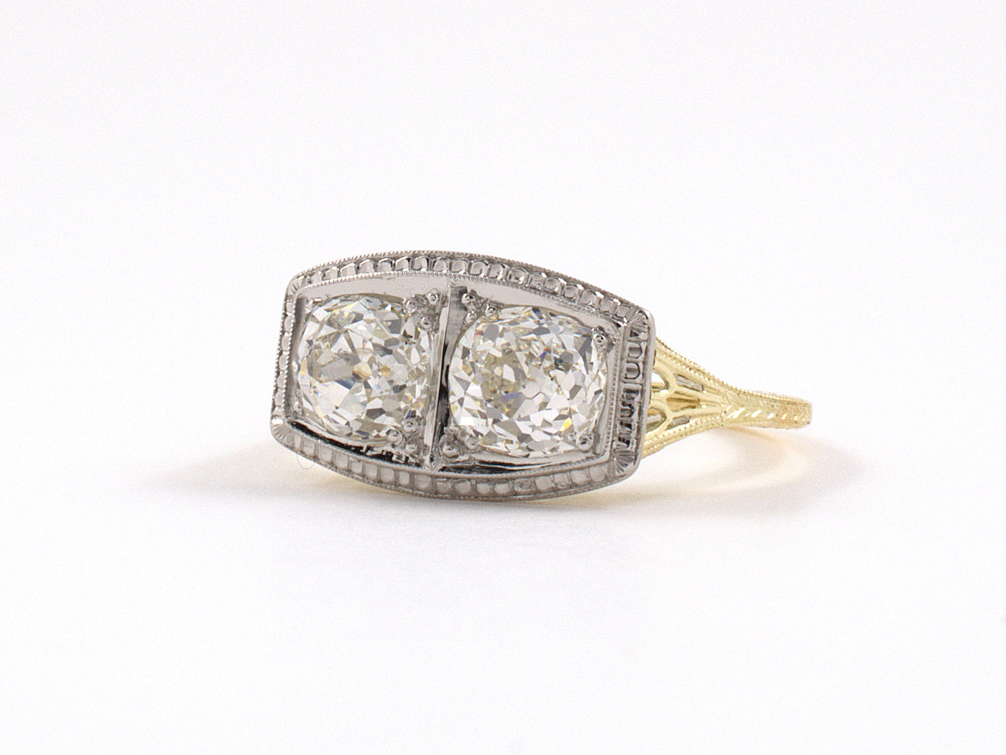902091 - Edwardian Platinum Gold Diamond Carved Bezel 2-Stone Ring