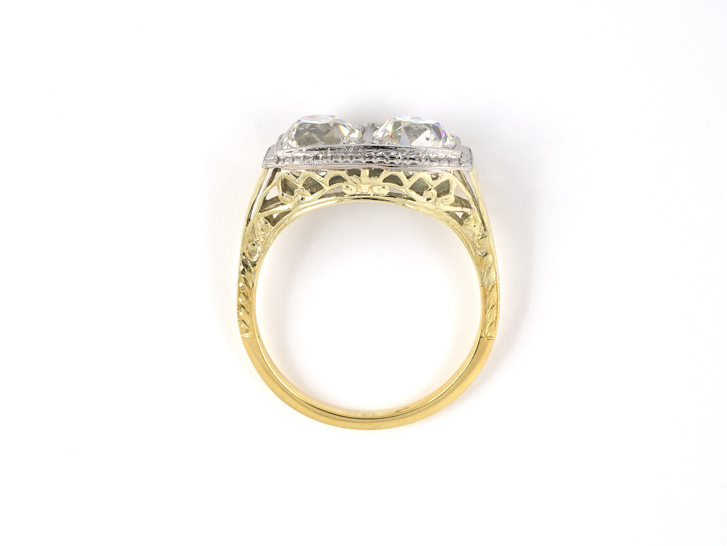 902091 - Edwardian Platinum Gold Diamond Carved Bezel 2-Stone Ring