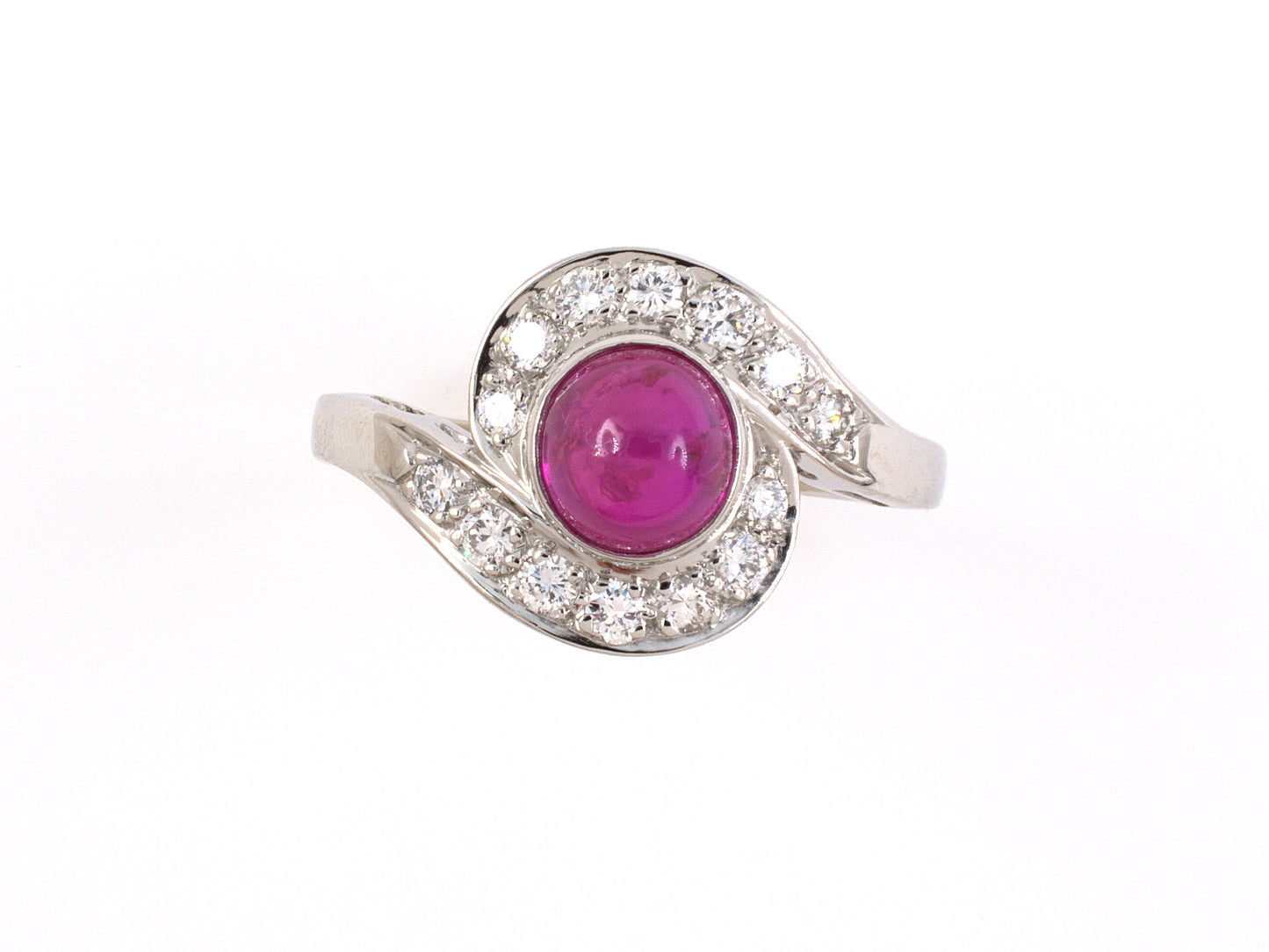 902092 - Circa 1950 J E Caldwell Platinum Cabochon Ruby Diamond Cluster Ring