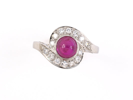 902092 - Circa 1950 J E Caldwell Platinum Cabochon Ruby Diamond Cluster Ring