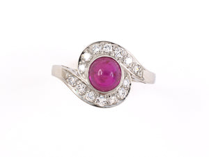 902092 - Circa 1950 J E Caldwell Platinum Cabochon Ruby Diamond Cluster Ring