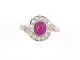 902092 - Circa 1950 J E Caldwell Platinum Cabochon Ruby Diamond Cluster Ring