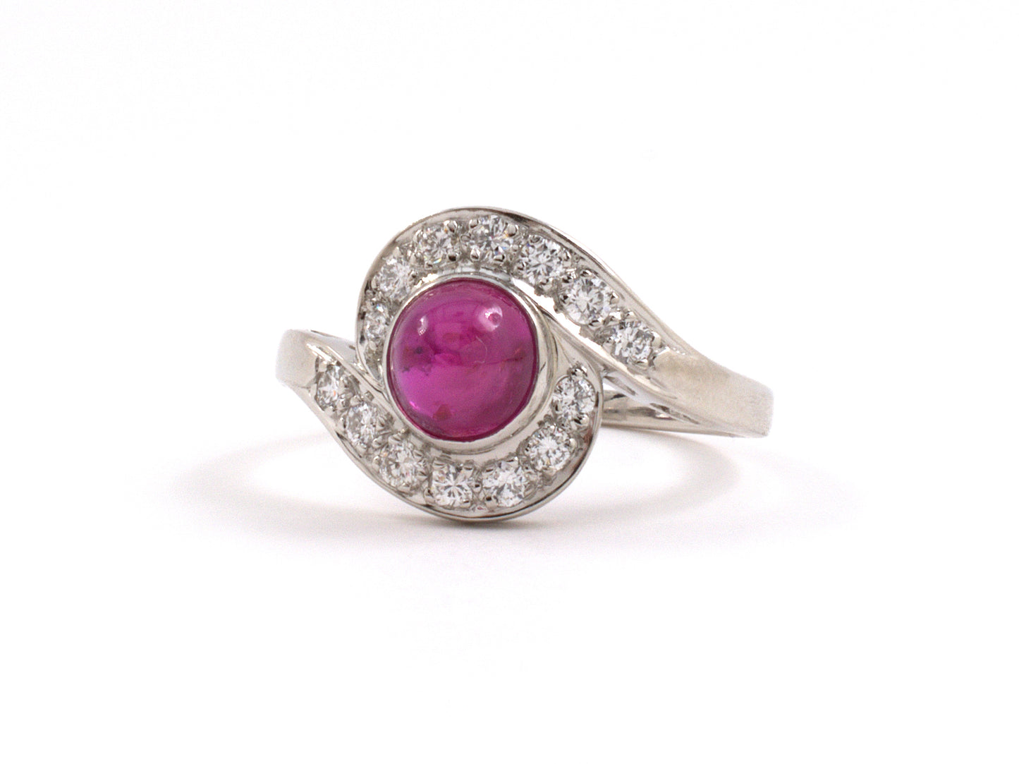 902092 - Circa 1950 J E Caldwell Platinum Cabochon Ruby Diamond Cluster Ring