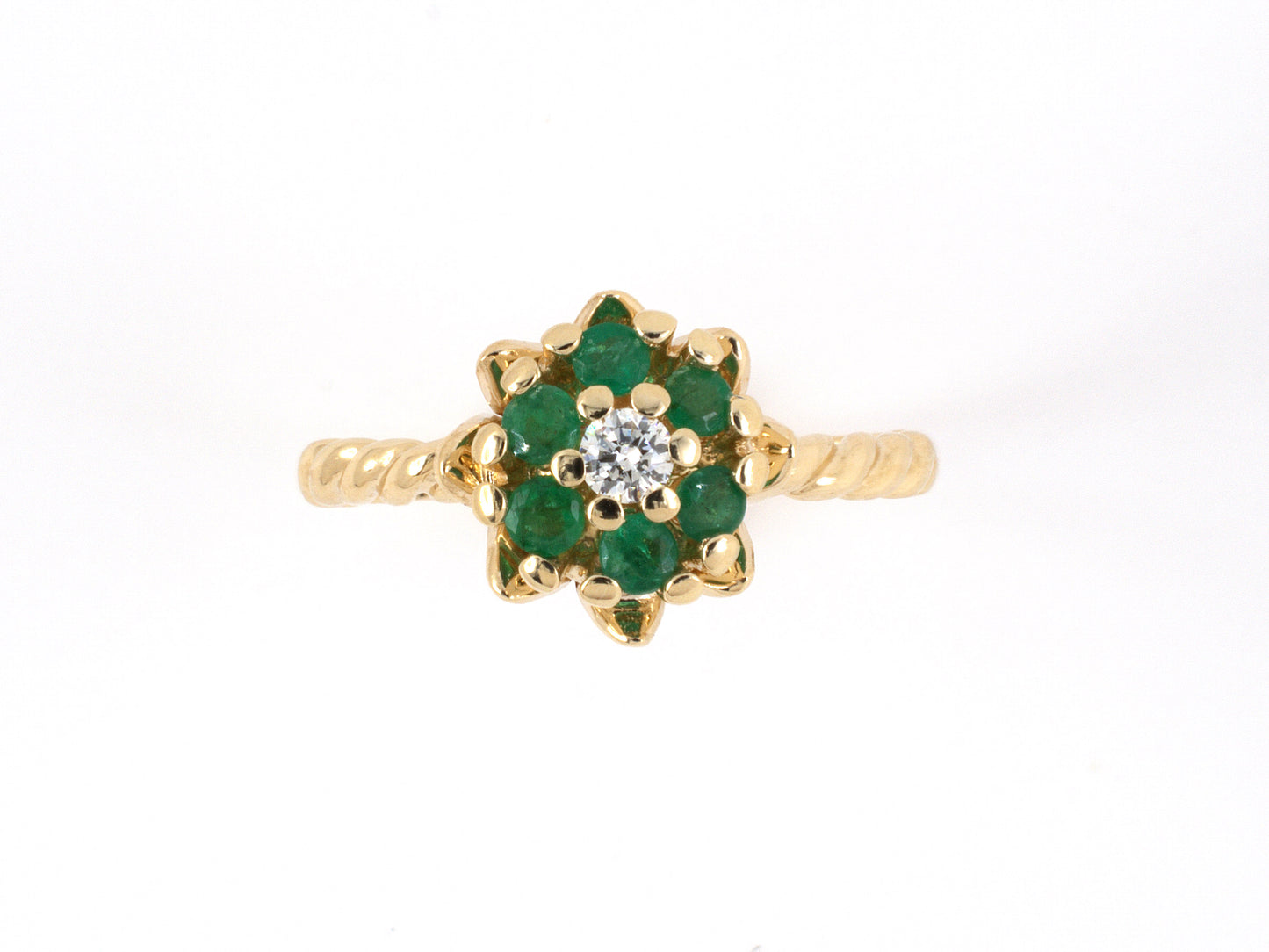 902093 - Gold Diamond Emerald Cluster Flower Twisted Wire Shank Ring