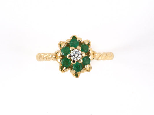902093 - Gold Diamond Emerald Cluster Flower Twisted Wire Shank Ring