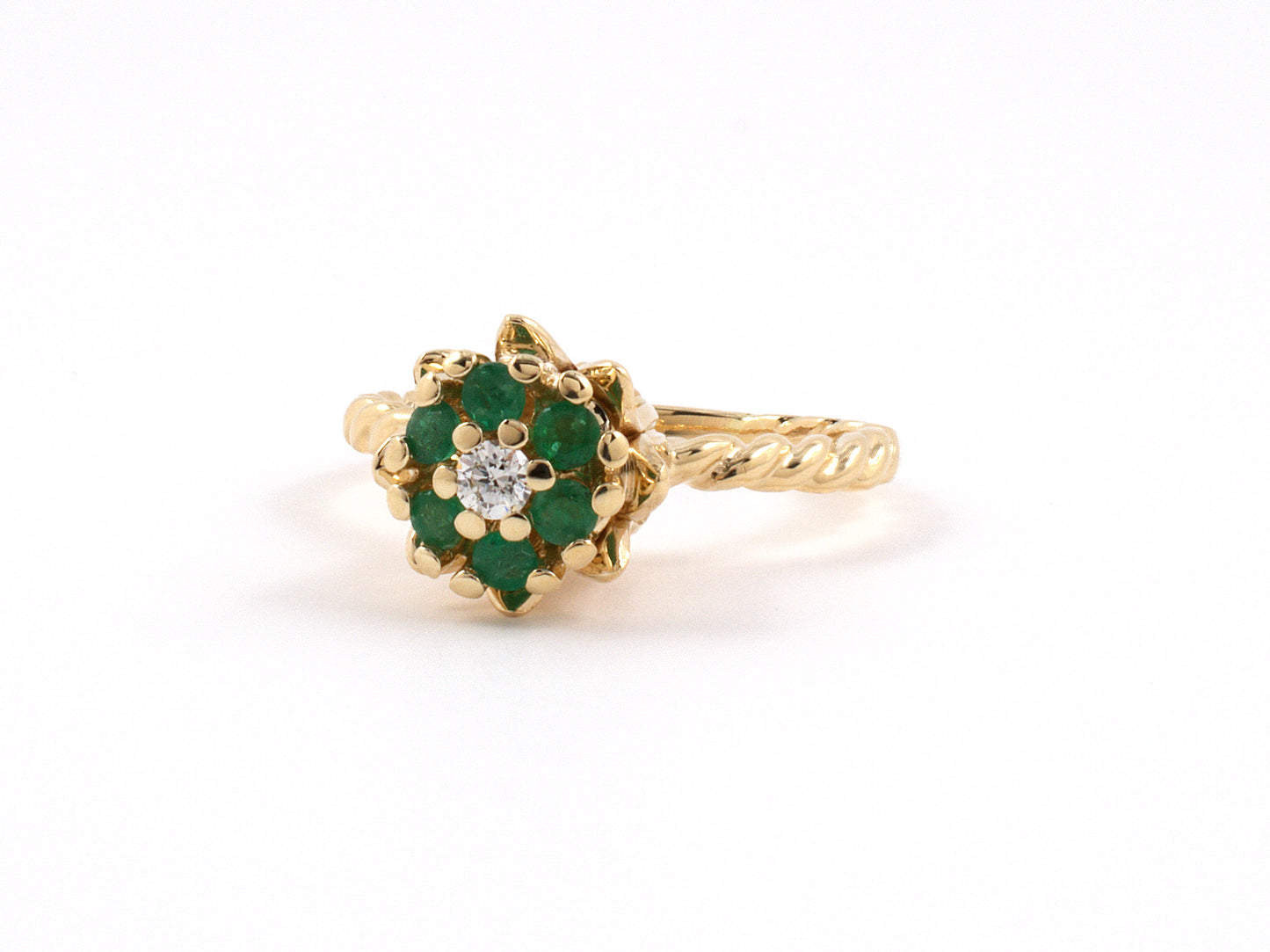 902093 - Gold Diamond Emerald Cluster Flower Twisted Wire Shank Ring