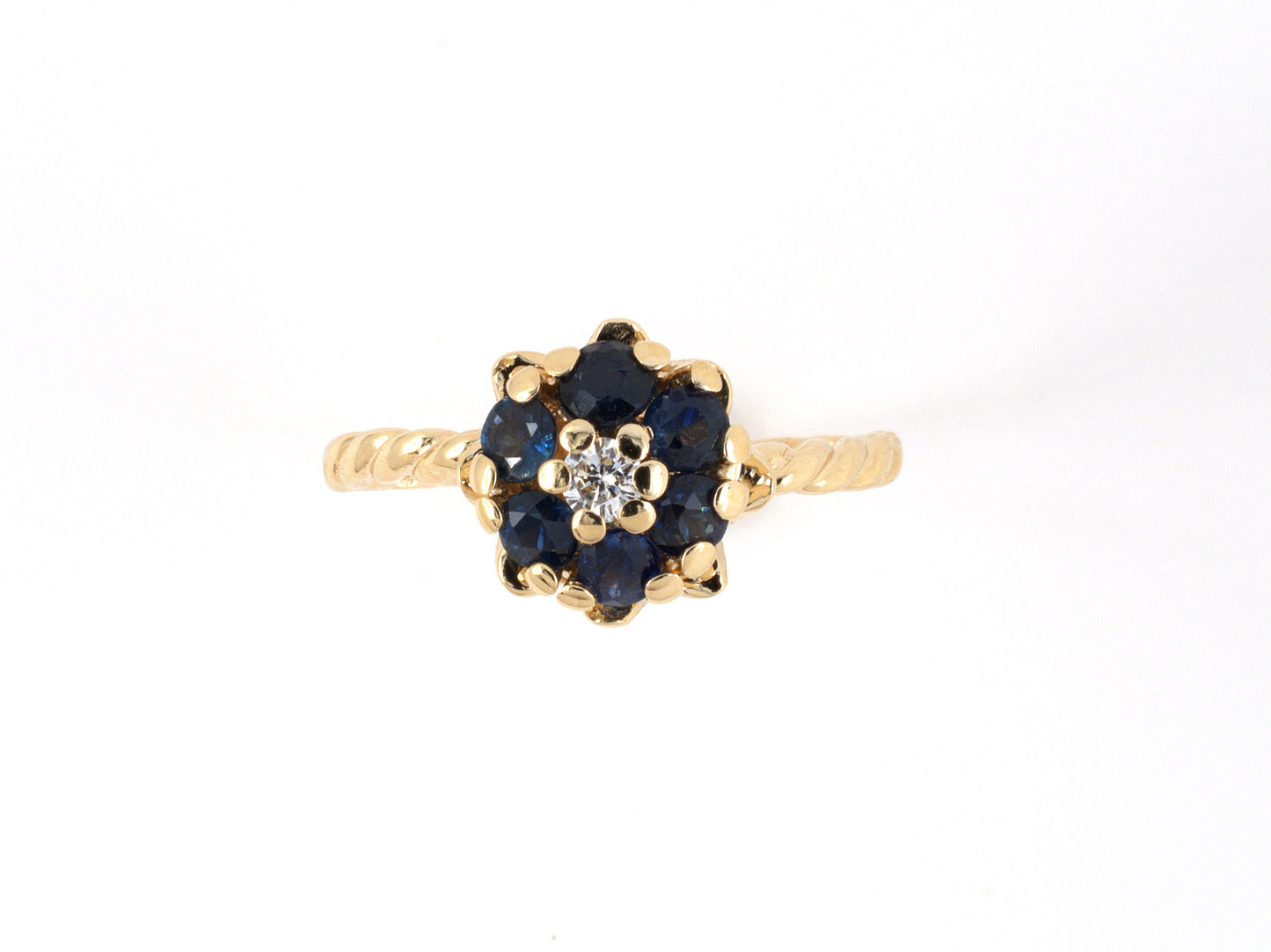 902094 - SOLD - Gold Diamond Sapphire Cluster Flower Twisted Wire Shank Ring