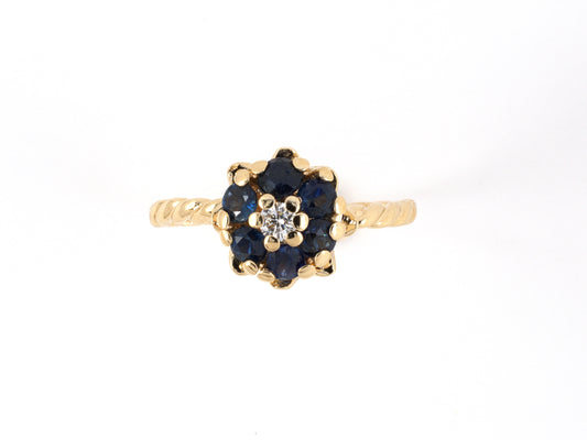 902094 - SOLD - Gold Diamond Sapphire Cluster Flower Twisted Wire Shank Ring