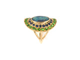 902110 - Art Nouveau Gold Black Opal Sapphire Demantoid Cluster Dinner Ring