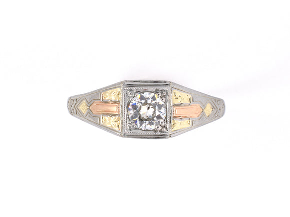 902121 - Art Deco Tri-Color Gold Diamond Carved Shoulder Engagement Ring
