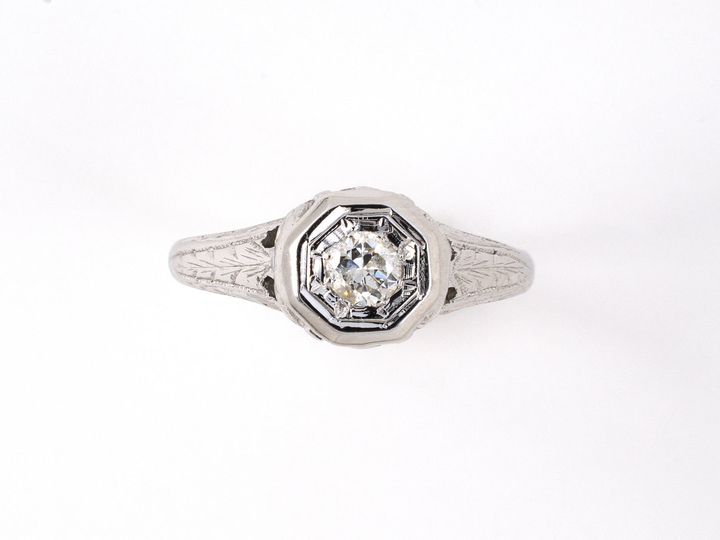 902122 - Art Deco Gold Diamond Stamped Carved Shoulders Engagement Ring