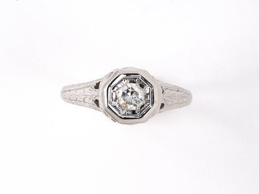 902122 - Art Deco Gold Diamond Stamped Carved Shoulders Engagement Ring