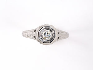 902122 - Art Deco Gold Diamond Stamped Carved Shoulders Engagement Ring