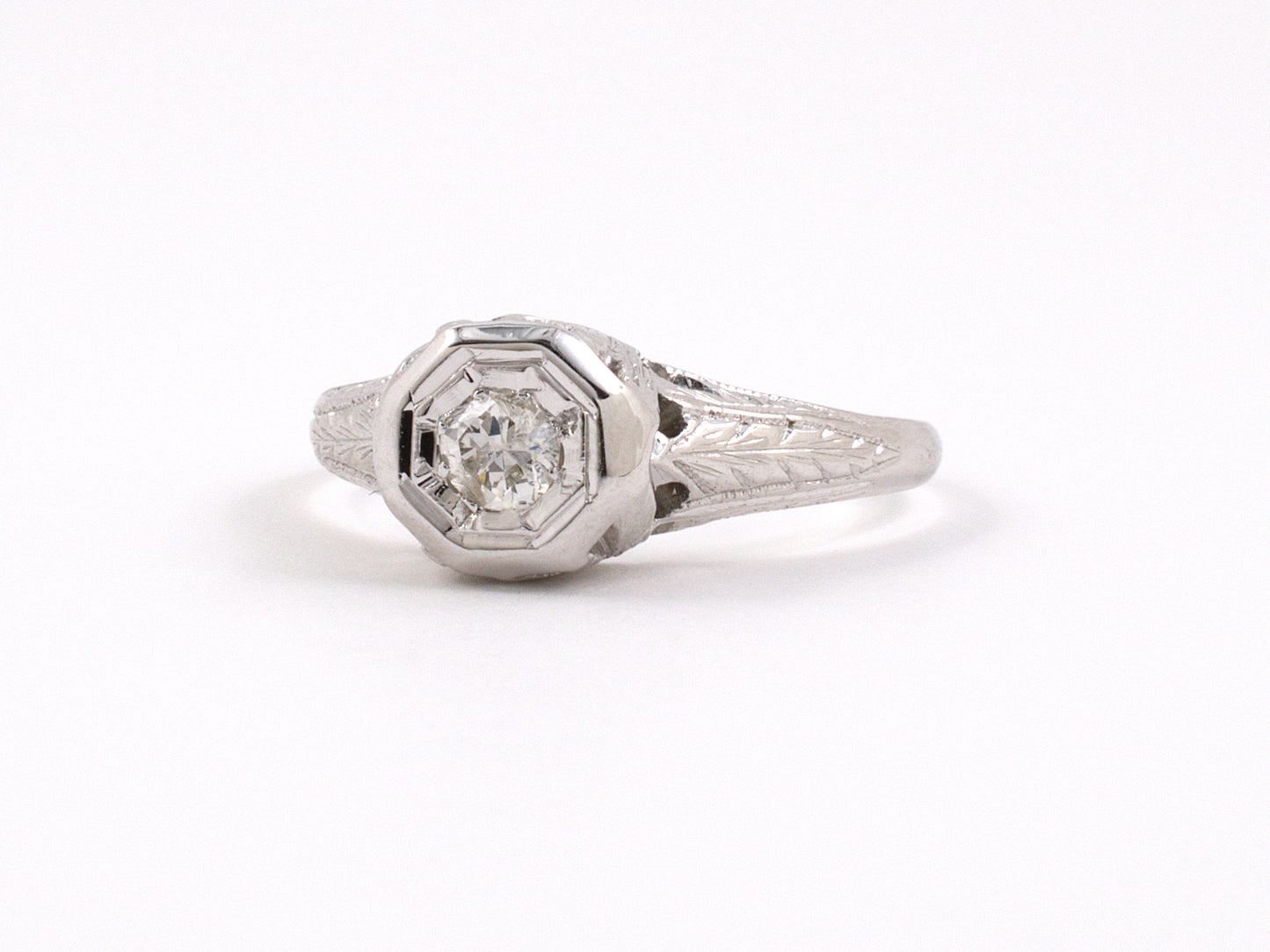 902122 - Art Deco Gold Diamond Stamped Carved Shoulders Engagement Ring