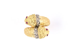 902142 - Lalaounis Greece Gold Rose Cut Diamond Ruby Twin Lions Head By Pass Ring