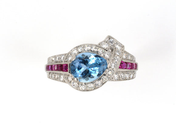 90652 - Art Deco Platinum Diamond Ruby Aqua Twist Ring