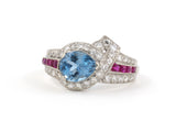 90652 - Art Deco Platinum Diamond Ruby Aqua Twist Ring
