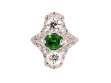 90658 - Edwardian Platinum Demantoid Garnet Diamond Filigree 3-Stone Dinner Ring