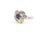 90829 - Circa 1950s Gold Diamond Blue Sapphire Yellow Sapphire 3-Stone Twist Ring