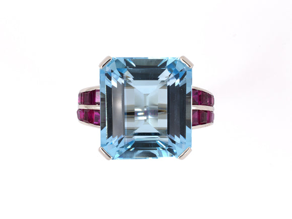 90987 - SOLD - Retro Palladium Aqua Burma Ruby Engagement Ring