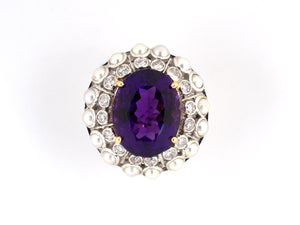 91148 - Circa 1950 Gold Amethyst Diamond Pearl Cluster Ring