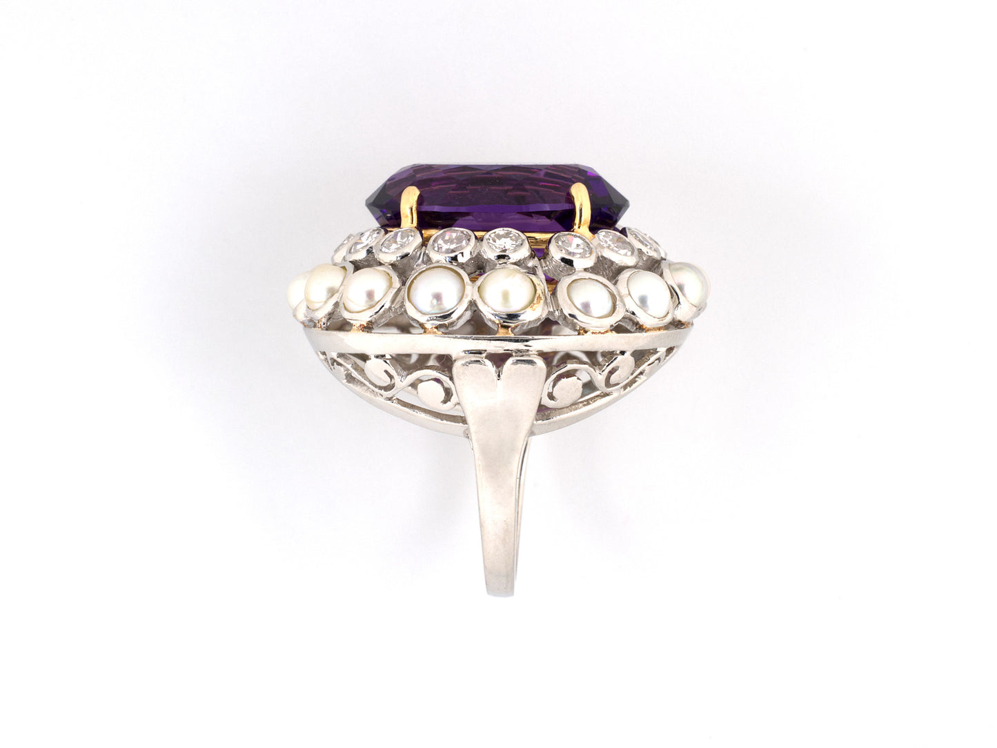 91148 - Circa 1950 Gold Amethyst Diamond Pearl Cluster Ring